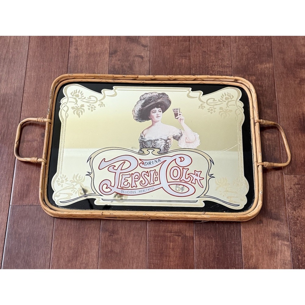VTG Pepsi Cola Mirror Bamboo Serving Tray Barwear 1970's Excellent Condition